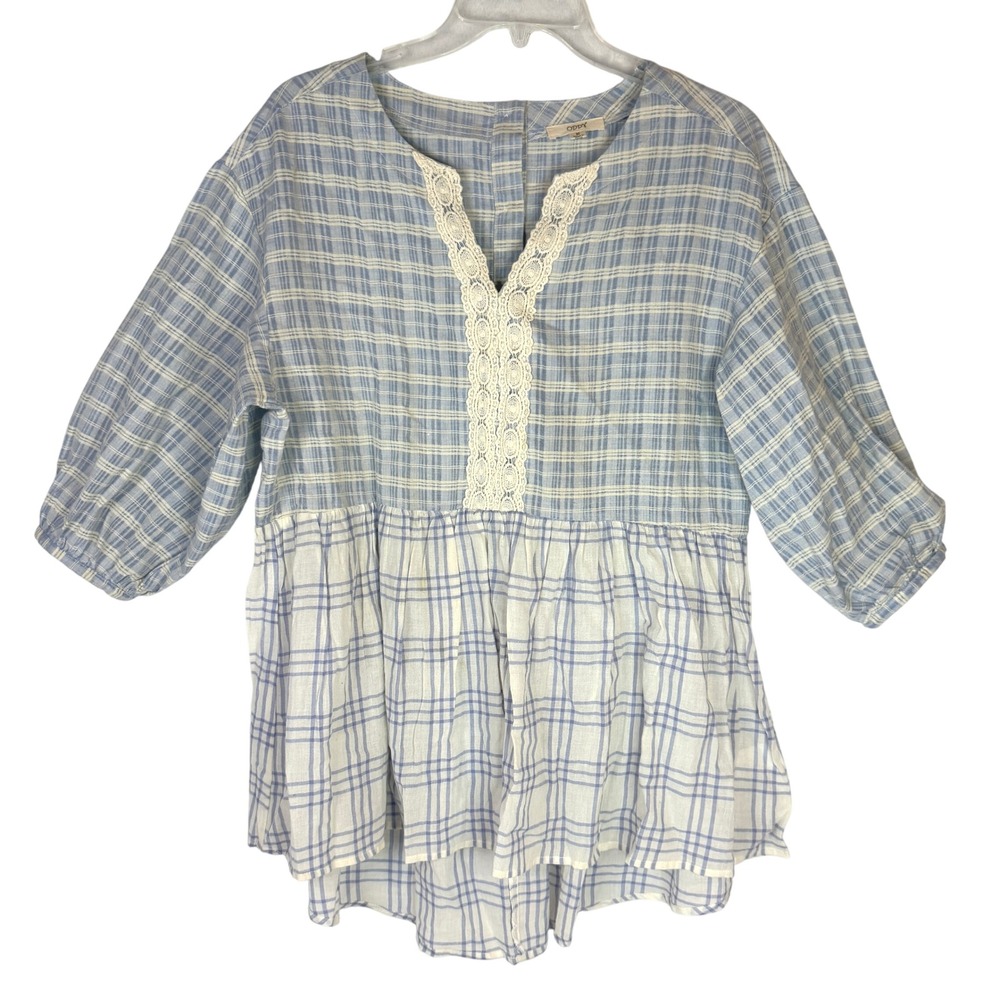 ODDY Women's‎ Medium Blue Plaid Lace Trim Babydoll Peasant Peplum Blouse Boho
